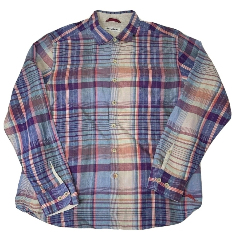Tommy Bahamas Linen Madras Multicolor Plaid Men's Shirt Sizs XL